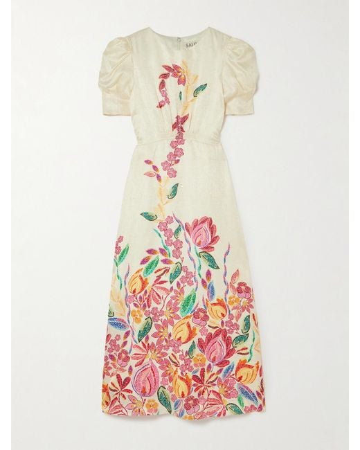 Saloni White Bianca Printed Silk-Jacquard Midi Dress
