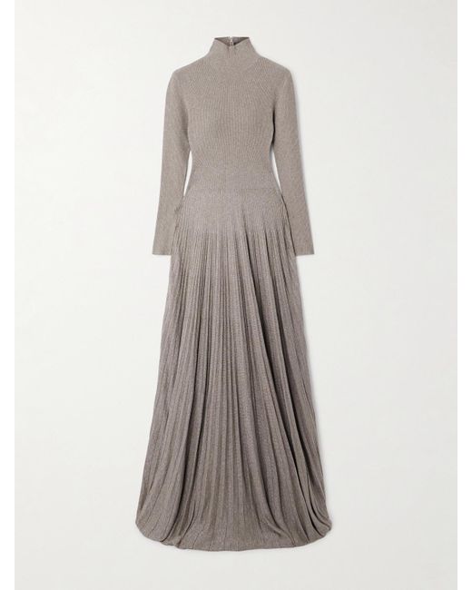 Ralph Lauren Gray Holliday Ribbed Pleated Metallic-Knit Turtleneck Gown