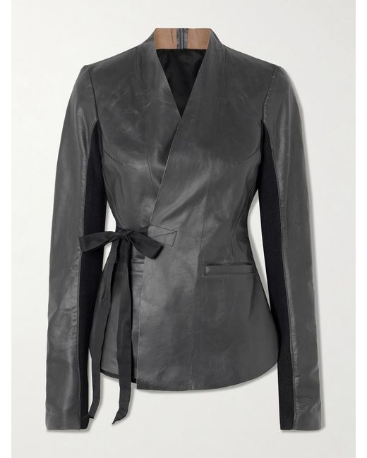 Rick Owens Black Hollywood Grosgrain-Trimmed Leather Wrap Jacket