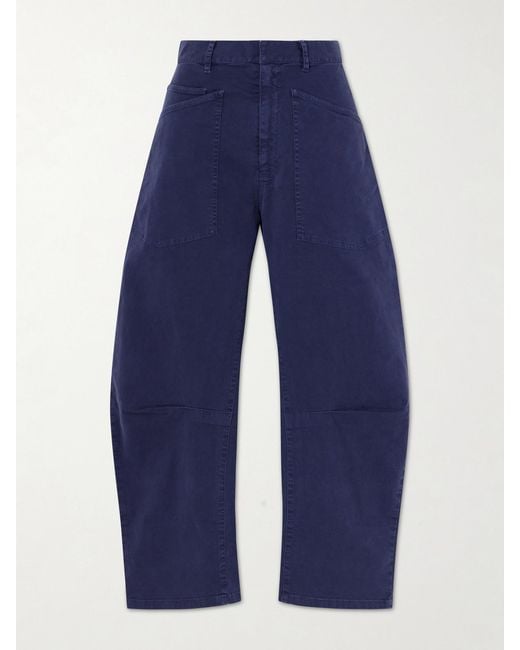 Nili Lotan Blue Shon Cotton-Blend Twill Barrel-Leg Pants