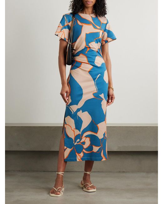 LaDoubleJ Blue Mother Lela Ruched Printed Cotton-Blend Jersey Midi Dress