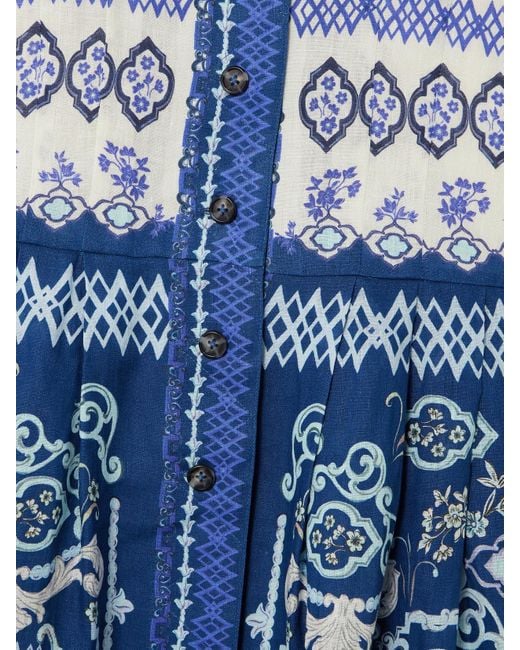 Saloni Blue Nya Belted Floral-Print Linen Midi Shirt Dress