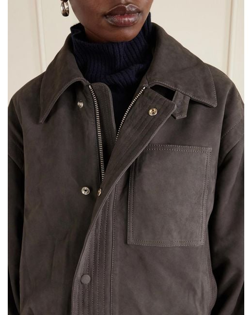 Victoria Beckham Gray Shearling-Trimmed Nubuck Bomber Jacket