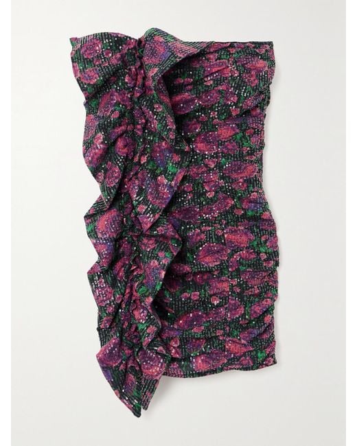 ROTATE BIRGER CHRISTENSEN Purple Layla Trägerloses Minikleid Aus Recyceltem Mesh Mit Blumenprint, Rüschen Und Pailletten