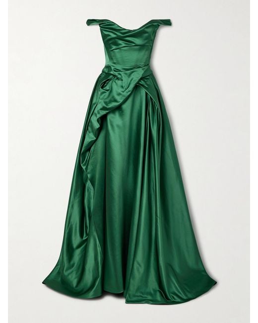 Vivienne Westwood Tabitha Off-The-Shoulder Draped Duchesse Silk-Satin Gown in Green