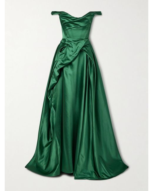 Vivienne Westwood Tabitha Off-The-Shoulder Draped Duchesse Silk-Satin Gown  in Green | Lyst