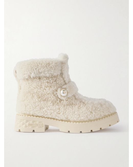 Jimmy Choo Natural Shea Faux Pearl-Embellished Shearling Ankle Boots