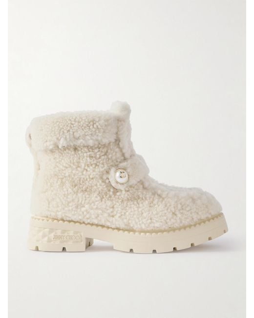Jimmy Choo Natural Shea Faux Pearl-Embellished Shearling Ankle Boots