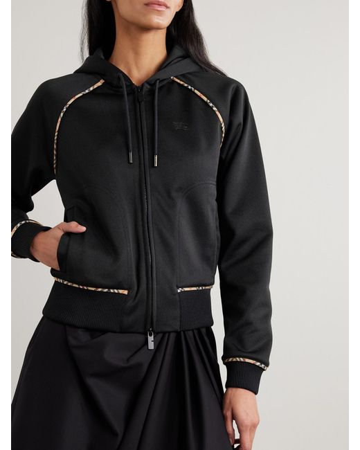 Burberry Black Checked Piqué-Trimmed Jersey Hooded Track Jacket