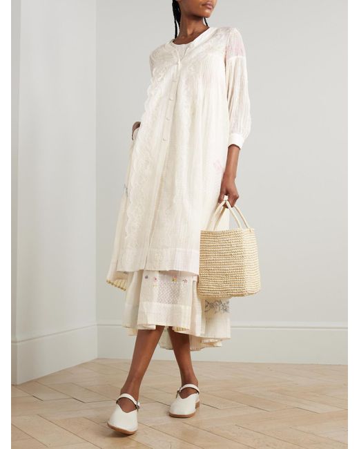 Robe Midi En Voile De Coton Et De Soie Mélangés Imprimé À Broderies Et À Finitions En Dentelle Viola Eka en coloris Natural