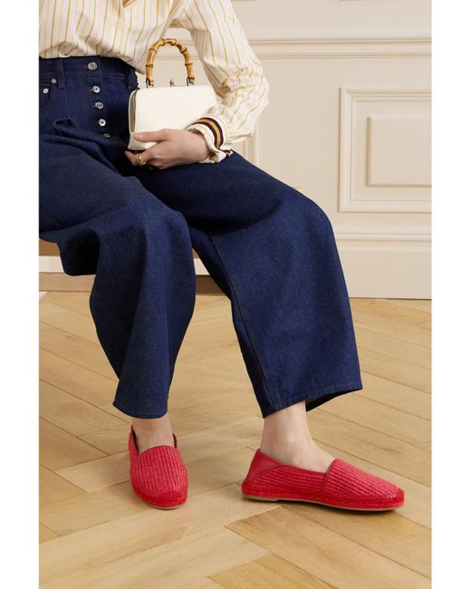 Manolo Blahnik Red Espadra Collapsible-Heel Leather-Trimmed Raffia Espadrilles