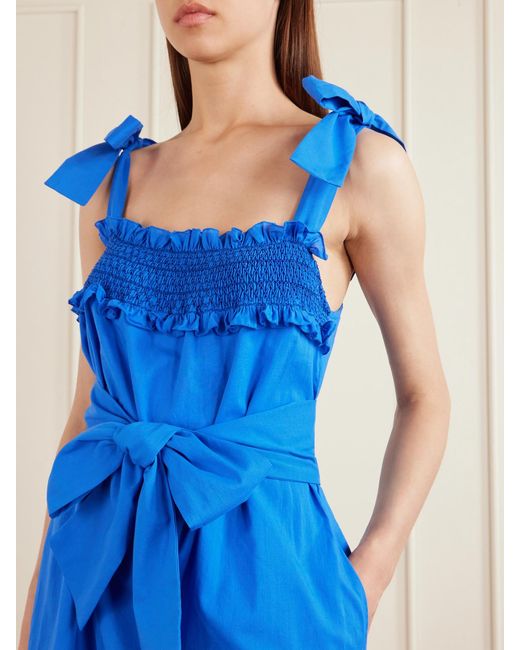Loretta Caponi Blue Armida Belted Ruffled Smocked Cotton-Poplin Maxi Dress
