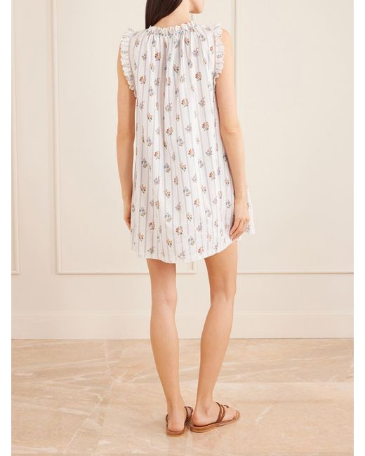 Doen White Nessie Embroidered Striped Floral-Print Organic Cotton Mini Dress
