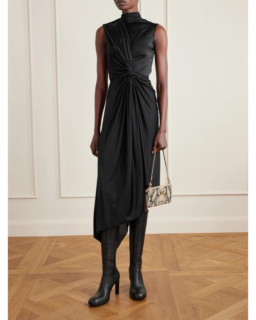 Balenciaga Black Asymmetric Draped Knotted Satin-Jersey Dress