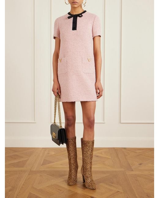 Valentino Garavani Pink Bow-Detailed Embellished Wool-Blend Bouclé Mini Dress