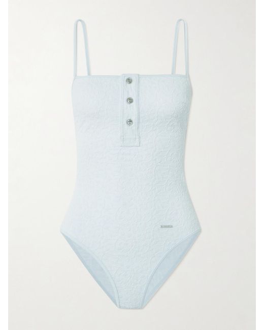 Bottega Veneta Blue Button-Detailed Floral Cloqué Swimsuit