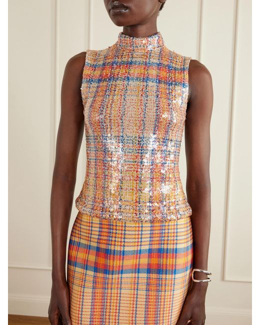 Brandon Maxwell Orange Piper Checked Sequined Mesh Turtleneck Top