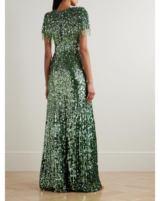 Jenny Packham Green Eugenie Fringed Cape-Effect Embellished Satin Gown