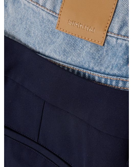 Jonathan Simkhai Blue Ophelia Denim-Trimmed Grain De Poudre Straight-Leg Pants