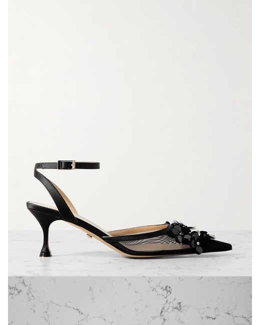 Mach & Mach Black Satin-Trimmed Embellished Mesh Pumps