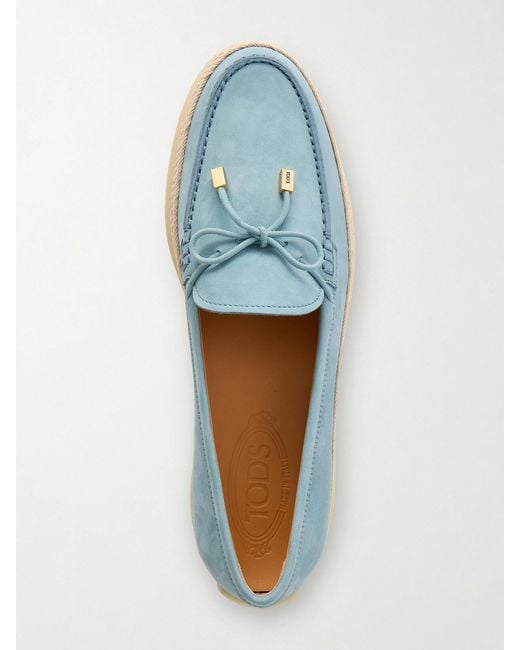 Tod's Blue Gomma Raffia-Trimmed Bow-Detailed Suede Loafers