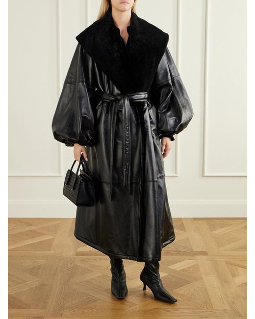 Magda Butrym Black Belted Plush-Trimmed Leather Coat