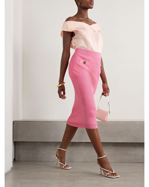 Balmain Pink Midirock Aus Rippstrick Mit Zierknöpfen