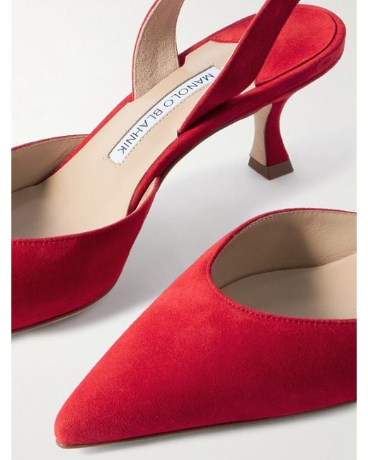 Manolo Blahnik Red Carolyne 50 Suede Slingback Pumps