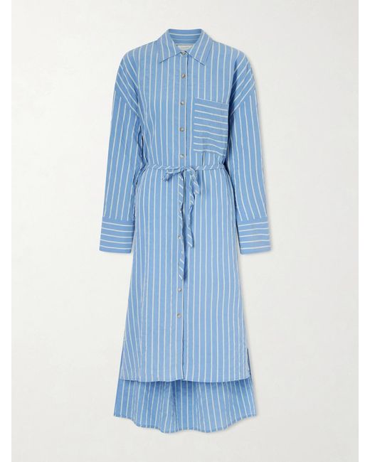 La Ligne Blue Tangier Striped Tie-Detailed Tencel Lyocell Seersucker Midi Dress