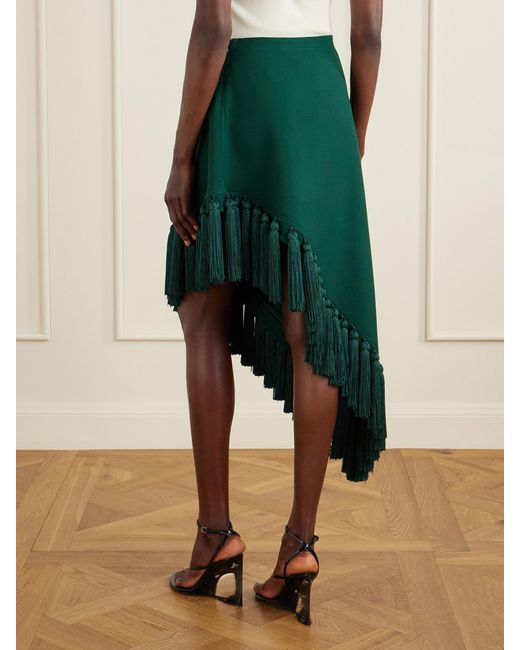 Alaïa Green Tassle Fringed Asymmetric Wool-Gabardine Midi Skirt