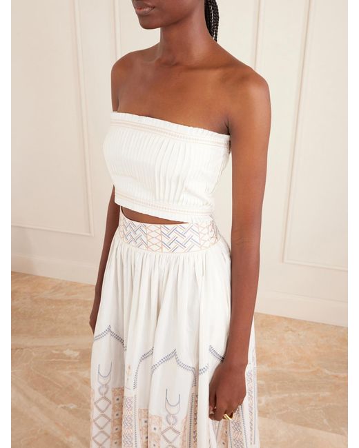 Emporio Sirenuse White Flavia Strapless Cropped Embroidered Pleated Cotton-Blend Top