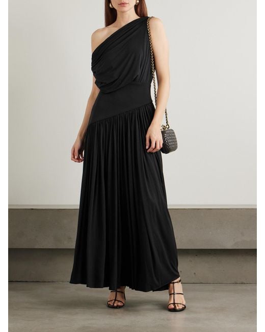 Abadia Black Gwen One-Shoulder Asymmetric Draped Jersey-Trimmed Stretch-Bamboo Maxi Dress