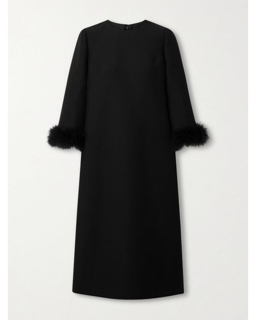 Valentino Garavani Black Feather-Trimmed Wool And Silk-Blend Crepe Midi Dress