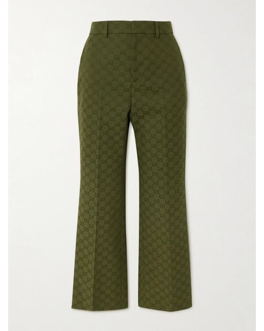Gucci Green Cropped Cotton-Blend Canvas-Jacquard Flared Pants