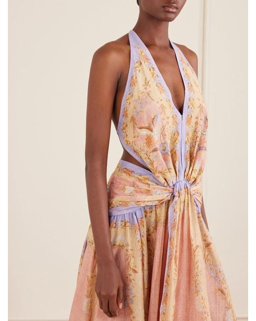 Zimmermann Natural Indra Plunge Printed Metallic Cotton And Silk-Blend Halterneck Maxi Dress