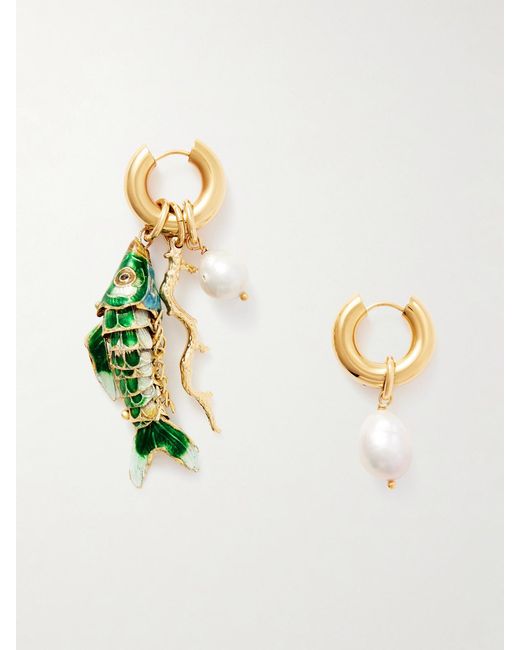 Joolz by Martha Calvo White Barrier-Plated, Enamel And Pearl Hoop Earrings