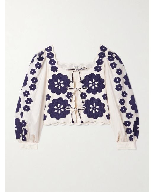 Sea Blue Catrine Tie-Front Scalloped Appliquéd Cotton-Voile Blouse