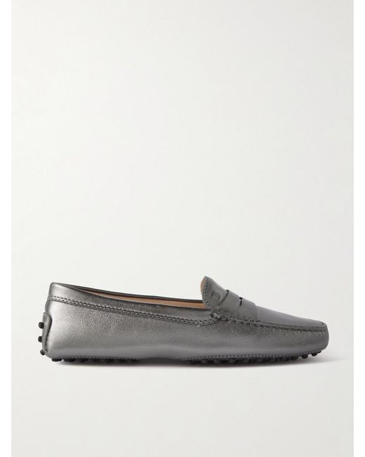 Tod's Gray Gommino Loafers Aus Metallic-Leder