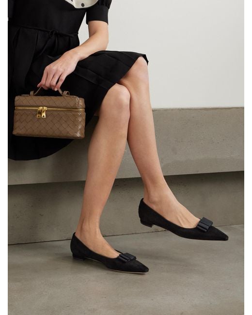 Manolo Blahnik Black Reador 10 Bow-Detailed Suede Point-Toe Flats