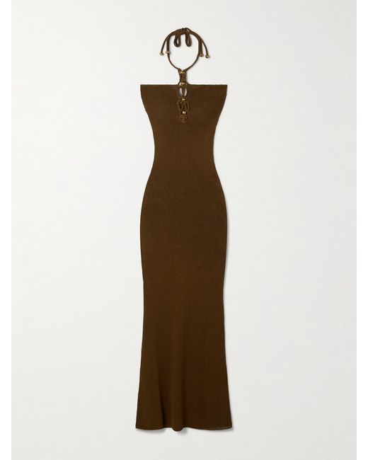 Isabel Marant Natural Eileen Embellished Knitted Halterneck Maxi Dress