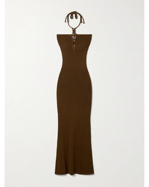 Isabel Marant Natural Eileen Embellished Knitted Halterneck Maxi Dress