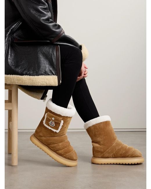Moncler Natural Gaia Shearling-Trimmed Quilted Suede Boots
