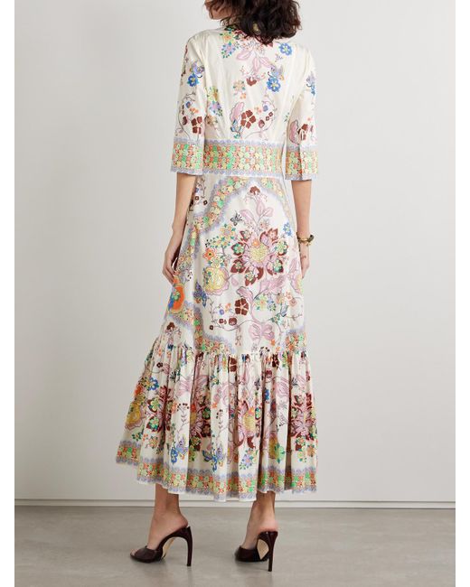 Etro White Midikleid Aus Popeline Aus Einer Baumwollmischung Mit Blumenprint Und Raffungen