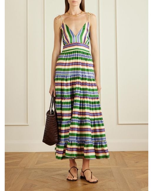 Christiano Marchelli Green Allegra Tiered Striped Silk-Blend Maxi Dress