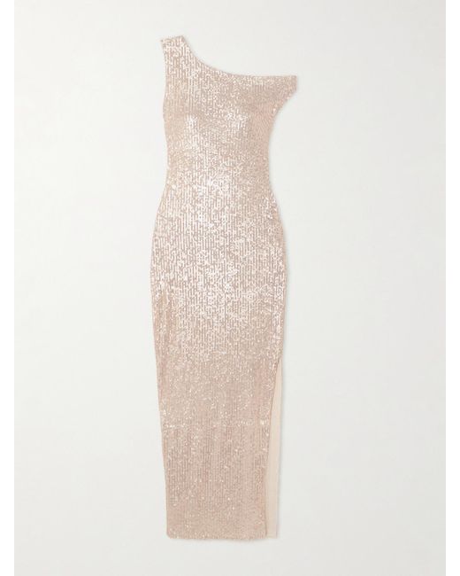 Norma Kamali White One-Shoulder Sequined Stretch-Mesh Maxi Dress