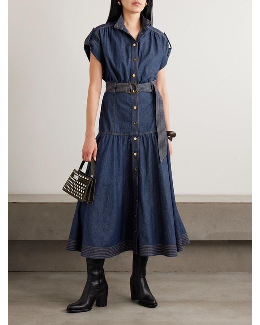Zimmermann Blue Belted Tiered Denim Midi Dress