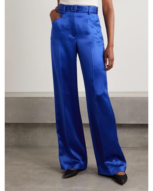 Gabriela Hearst Blue Norman Belted Silk-Satin Straight-Leg Pants