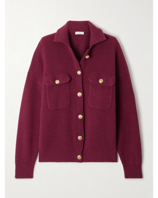 Brunello Cucinelli Purple Cardigan Aus Einer Gerippten Mischung Aus Wolle, Kaschmir Und Seide