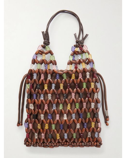 Staud Brown Kelly Leather-Trimmed Beaded Wood And Glass Satin Tote