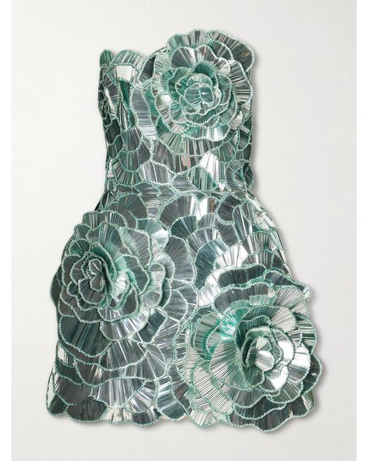 Oscar de la Renta Green Strapless Sequined Chiffon Mini Dress